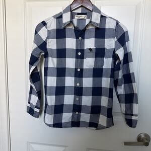 Abercrombie Boys Button Down Shirt Size 9/10 Blue White Plaid Cotton Long Sleeve